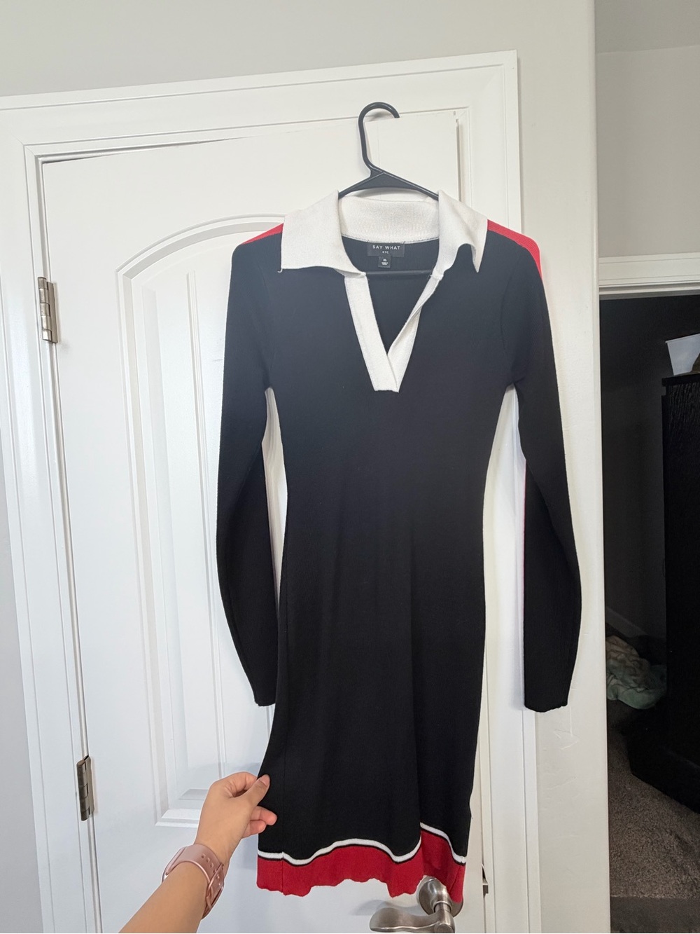 Say What? Black Long-Sleeve Polo Dress with White Collar and Red Accents